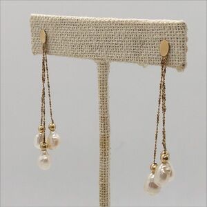 14k yellow gold Dangle Chain Earrings with Gold Beads and Freshwater Pearls